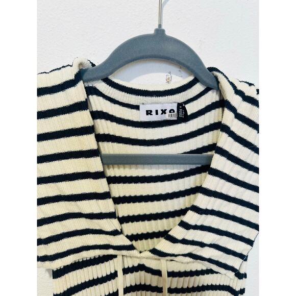 RIXO Blue White Antibes Stripe Ribbed Collared Ties Necklines Maxi Dress Size 8 - Picture 9 of 16